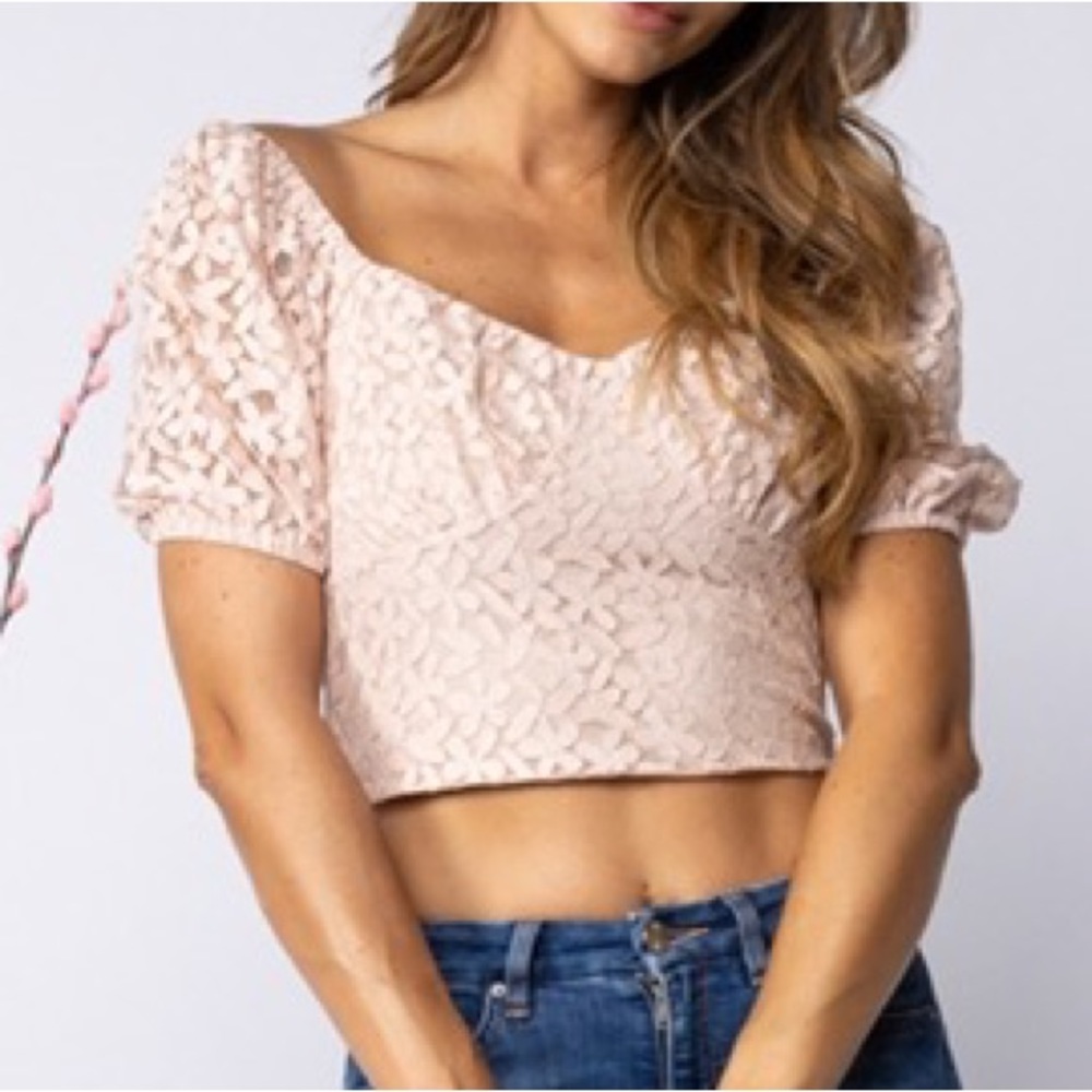 Womens Pink Lace Cold Shoulder Crop Top